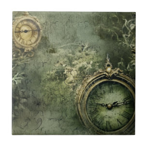 Victorian Steampunk Clockwork in Emerald Green Ceramic Tile
