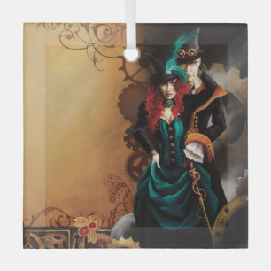 Victorian Steampunk Couple Elegance Romance Glass Ornament