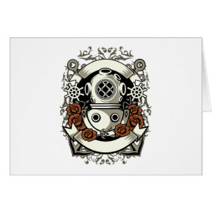 Victorian Steampunk Deep Sea Diver Red Roses Cards