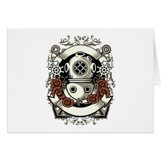 Victorian Steampunk Deep Sea Diver Red Roses Cards (Front Horizontal)