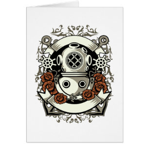 Victorian Steampunk Deep Sea Diver Red Roses Cards