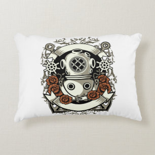 Victorian Steampunk Deep Sea Diver Red Roses Decorative Pillow