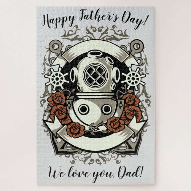 Victorian Steampunk Deep Sea Diver Red Roses Jigsaw Puzzle (Vertical)