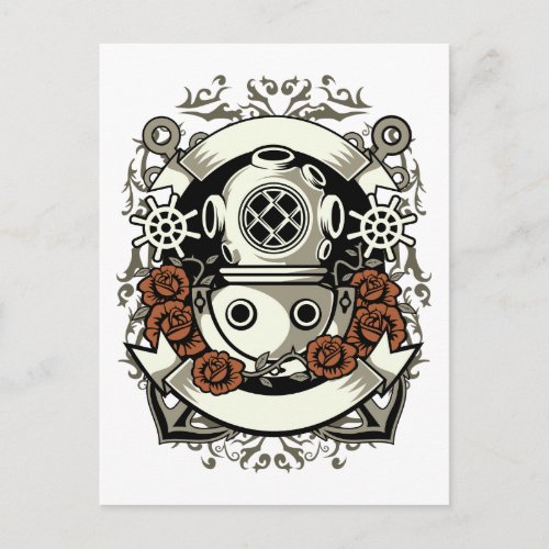 Victorian Steampunk Deep Sea Diver Red Roses Postcard