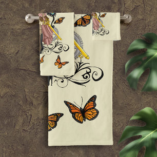 Victorian Steampunk Fairy Butterflies Gears Yellow Bath Towel Set