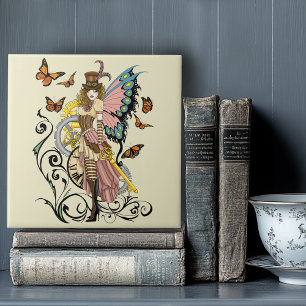 Victorian Steampunk Fairy Butterflies Gears Yellow Ceramic Tile
