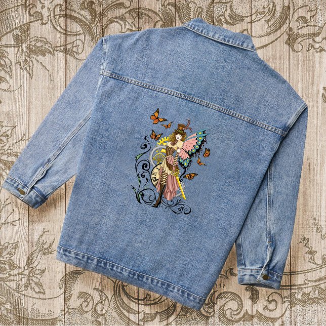 Victorian Steampunk Fairy Butterflies Gears Yellow Denim Jacket (Creator Uploaded)