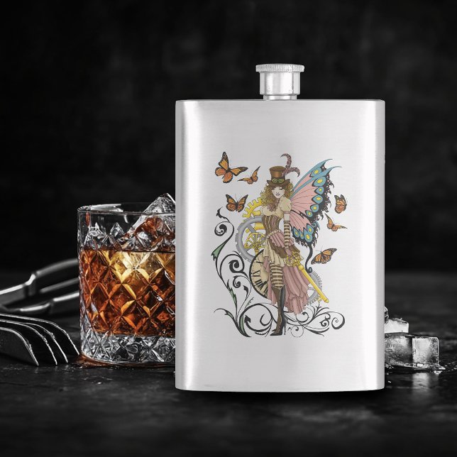 Victorian Steampunk Fairy Butterflies Gears Yellow Flask (Creator Uploaded)