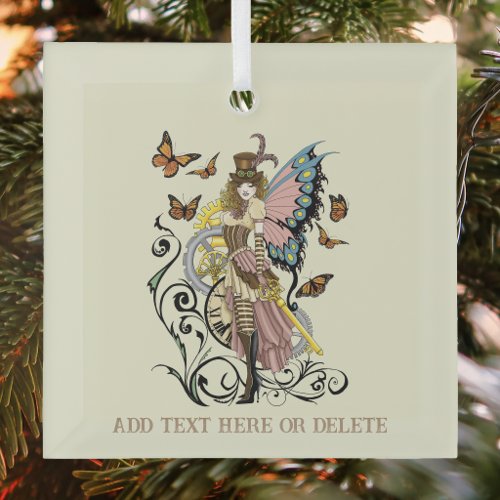 Victorian Steampunk Fairy Butterflies Gears Yellow Glass Ornament