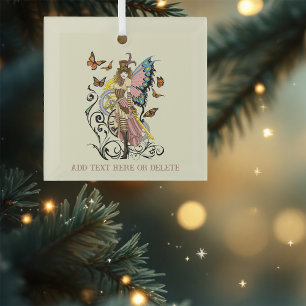 Victorian Steampunk Fairy Butterflies Gears Yellow Glass Ornament