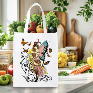 Victorian Steampunk Fairy Butterflies Gears Yellow Grocery Bag