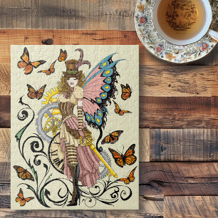 Victorian Steampunk Fairy Butterflies Gears Yellow Jigsaw Puzzle