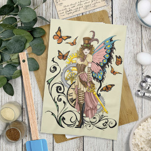 Victorian Steampunk Fairy Butterflies Gears Yellow Kitchen Towel