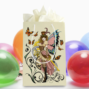 Victorian Steampunk Fairy Butterflies Gears Yellow Medium Gift Bag