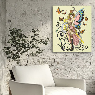 Victorian Steampunk Fairy Butterflies Gears Yellow Metal Print