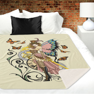 Victorian Steampunk Fairy Butterflies Gears Yellow Sherpa Blanket