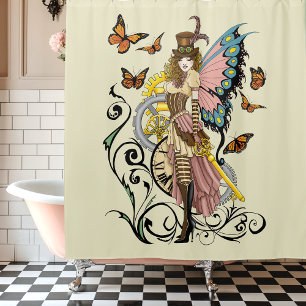 Victorian Steampunk Fairy Butterflies Gears Yellow Shower Curtain
