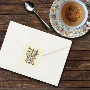 Victorian Steampunk Fairy Butterflies Gears Yellow Square Sticker