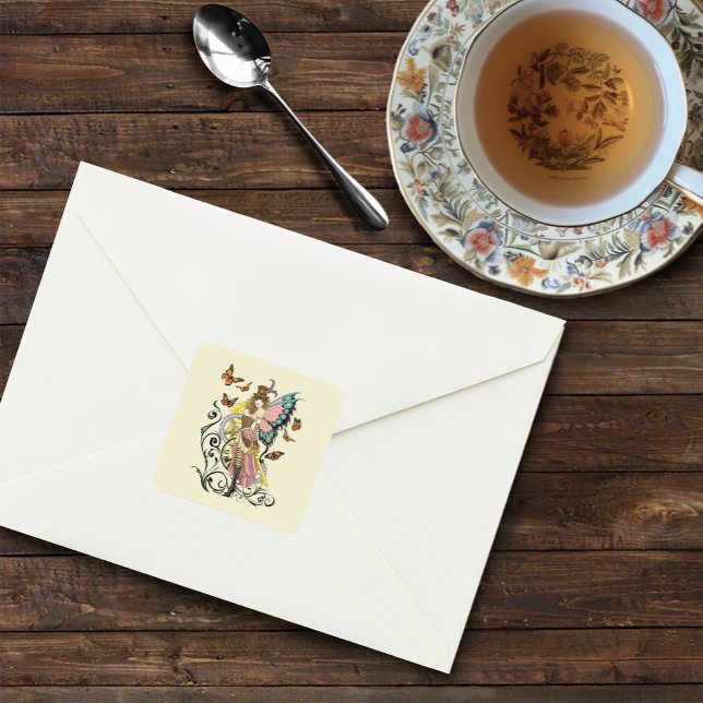 Victorian Steampunk Fairy Butterflies Gears Yellow Square Sticker (Creator Uploaded)