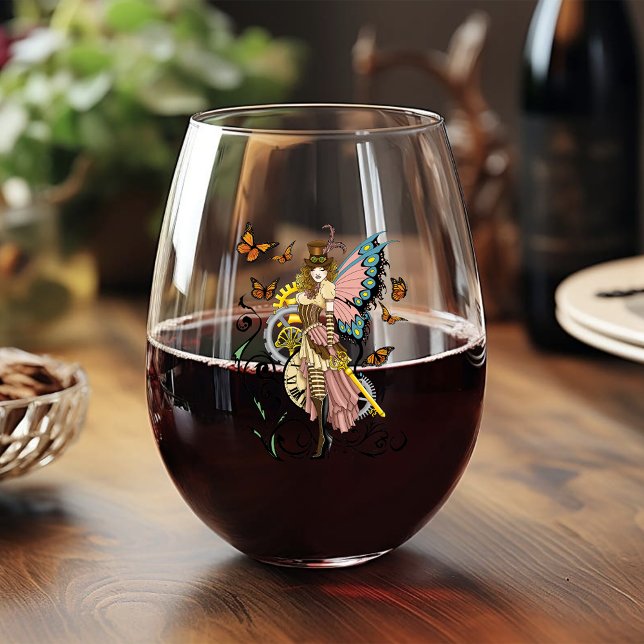 Victorian Steampunk Fairy Butterflies Gears Yellow Stemless Wine Glass (Creator Uploaded)