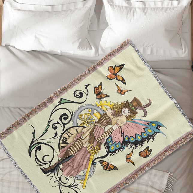 Victorian Steampunk Fairy Butterflies Gears Yellow Throw Blanket (Creator Uploaded)