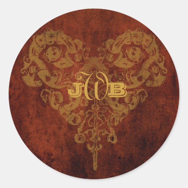 Victorian Steampunk Gears Heart Monogram Classic Round Sticker (Front)