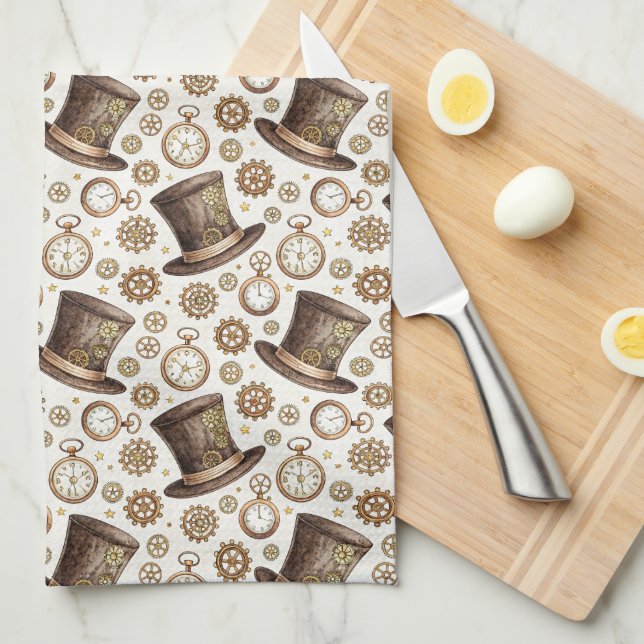 Victorian Steampunk Hat and Clockwork Pattern Kitchen Towel (Quarter Fold)