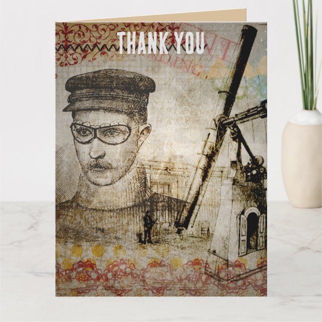 Victorian Steampunk Inventor Scientist Telescope Thank You Card (Front)