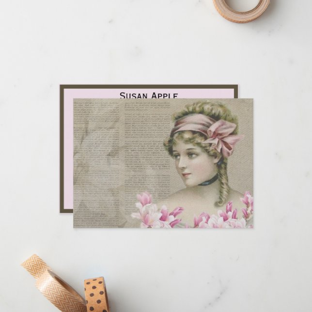 Victorian Steampunk Lady Pink Newspaper Note Card (Front/Back In Situ)
