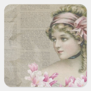 Victorian Steampunk Lady Pink Newspaper Square Sticker