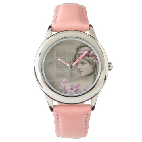 Victorian Steampunk Lady Pink Stainless Steel Watch