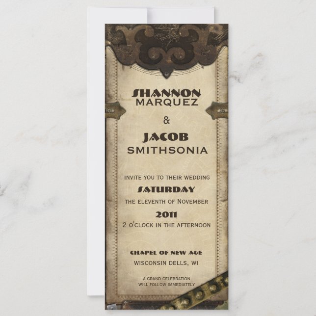 Victorian Steampunk Leather Wedding Invitation (Front)