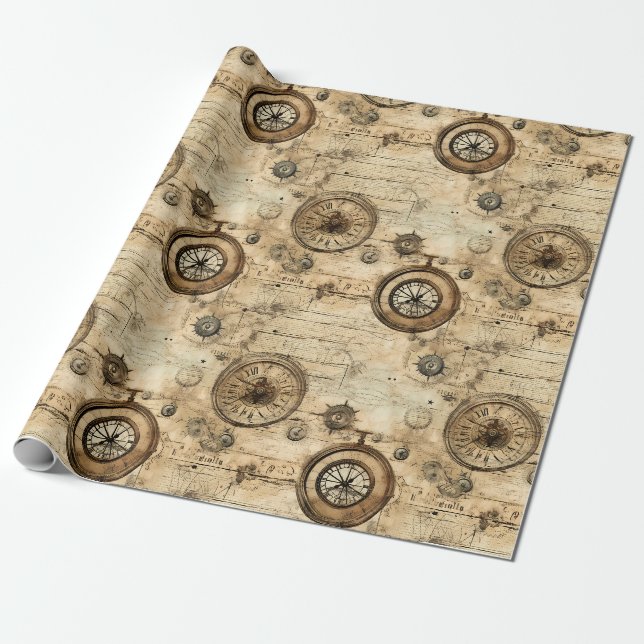Victorian Steampunk Machinery Sepia Brown Wrapping Paper (Unrolled)