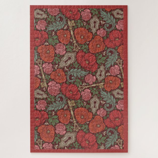 Victorian Steampunk Old Lock Key Red Poppies Jigsaw Puzzle (Vertical)