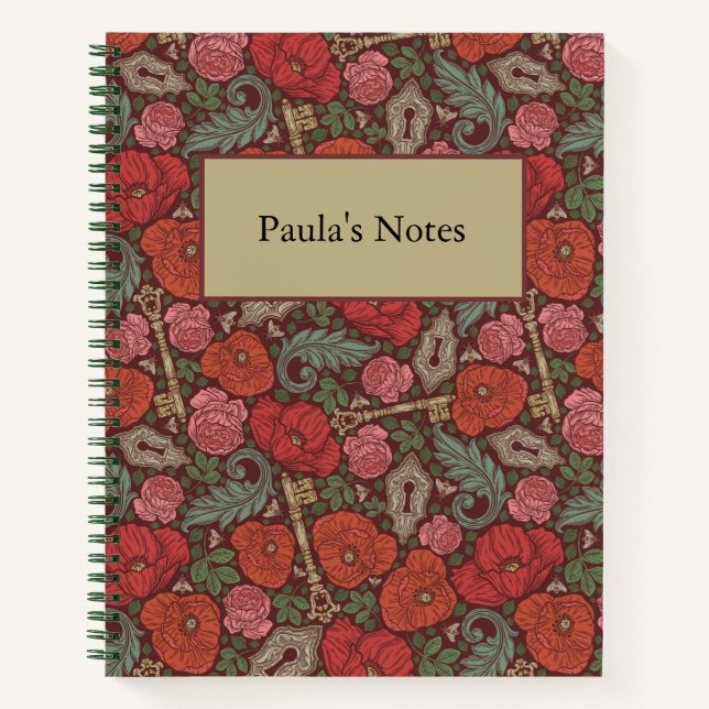 Victorian Steampunk Old Lock Key Red Poppies Notebook (Front)