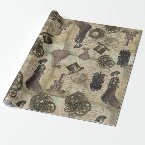 Victorian Steampunk Vintage Decoupage Grunge Gears Wrapping Paper