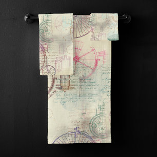 Victorian Steampunk Watercolor Grunge Pastel Bath Towel Set
