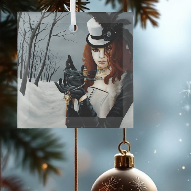 Victorian Steampunk Winter Dragonfly Key Gothic Glass Ornament (Creator Uploaded)
