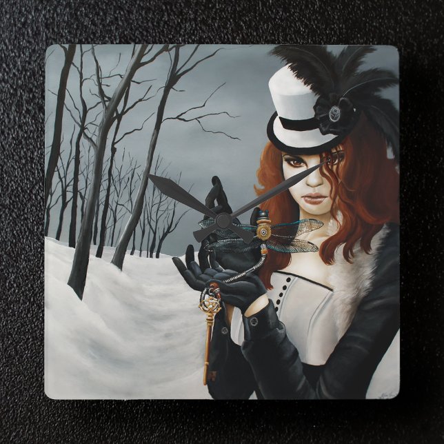 Victorian Steampunk Winter Dragonfly Key Gothic Square Wall Clock (Creator Uploaded)