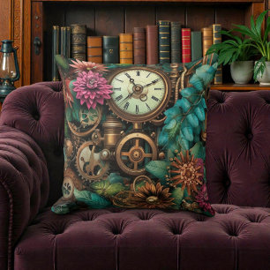 Victorian Steampunk with Flowers Throw Pillow