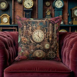Victorian Steampunk with Flowers Throw Pillow