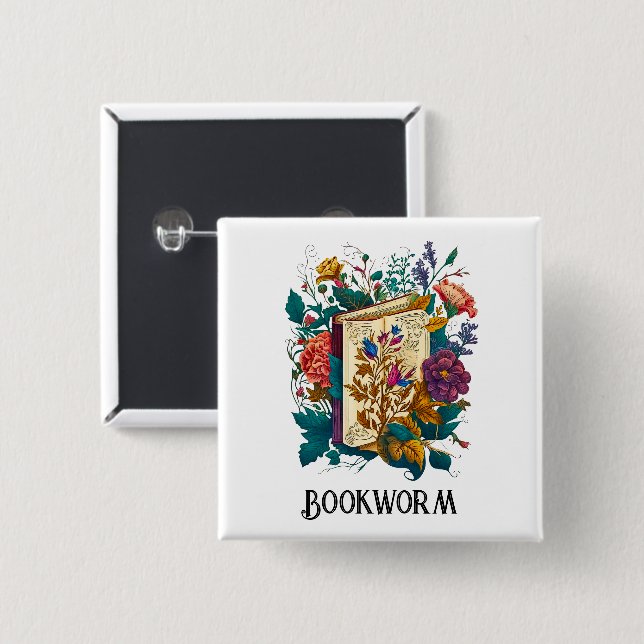 Victorian style Bookworm design Button (Front & Back)