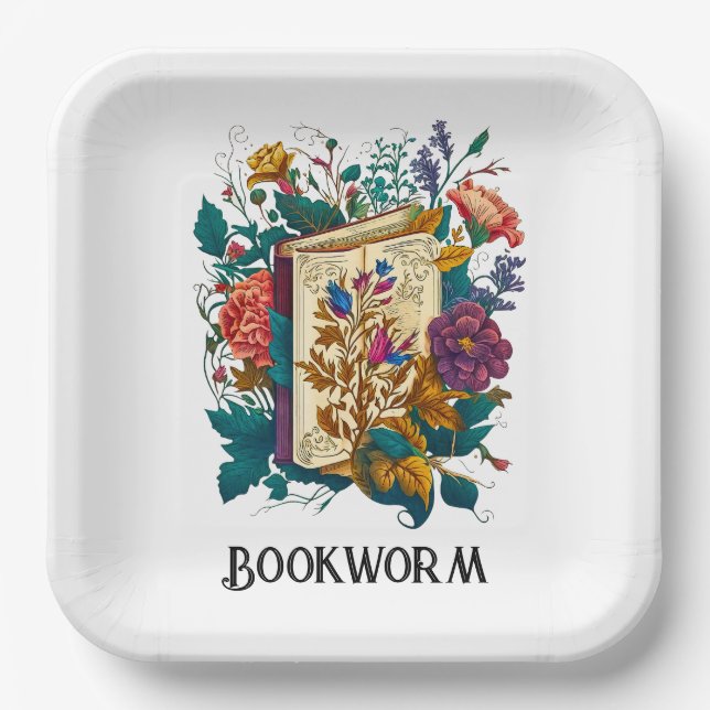 Victorian style Bookworm design Paper Plates (Front)