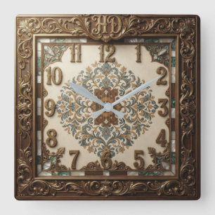 Victorian Style Carved Wood Mother-of-Pearl Square Wall Clock