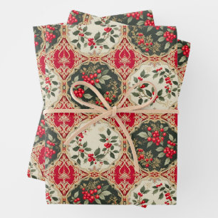 Victorian Style Christmas Berries and Leaves Wrapping Paper Sheets