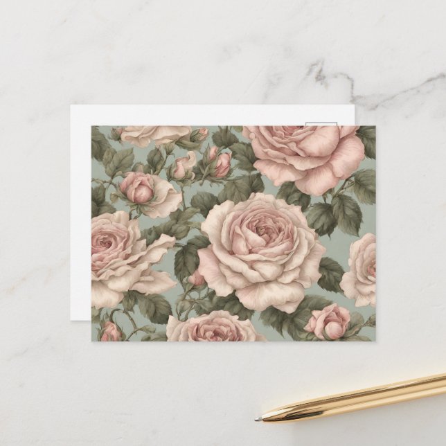 Victorian Style Country Garden Rose Print Postcard (Front/Back In Situ)