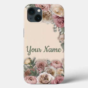 Victorian Style Cream & Pink Floral Print on Cream iPhone 13 Case