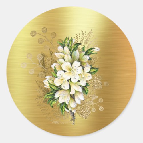 Victorian Style Dainty White Flowers on Gold Foil Classic Round Sticker