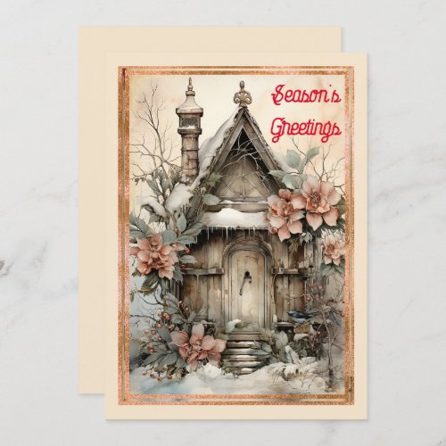 Victorian Style House Snow Floral Christmas  Holiday Card