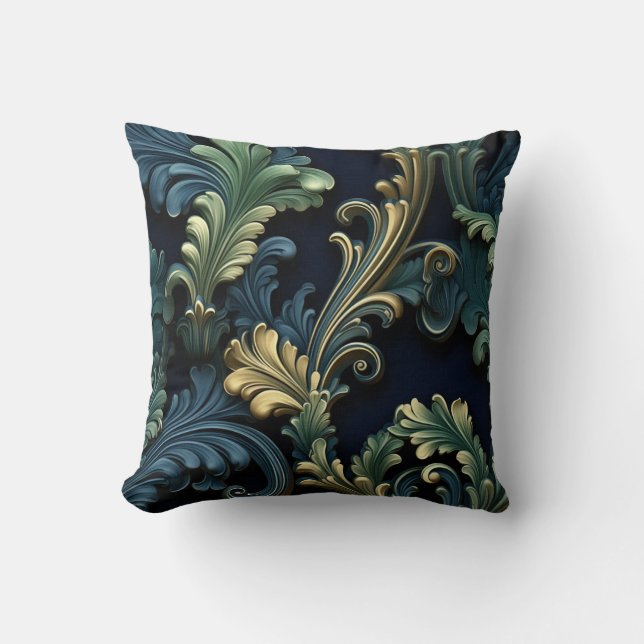 Victorian style ornamental shapes deep blue green throw pillow (Front)